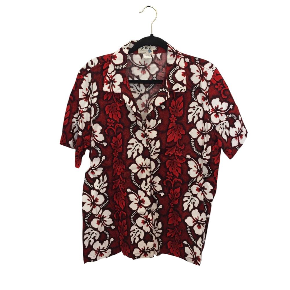 KY's Hawaiian Aloha Tropical Button Up Shirt Womens XL Red Floral Short Sleeve